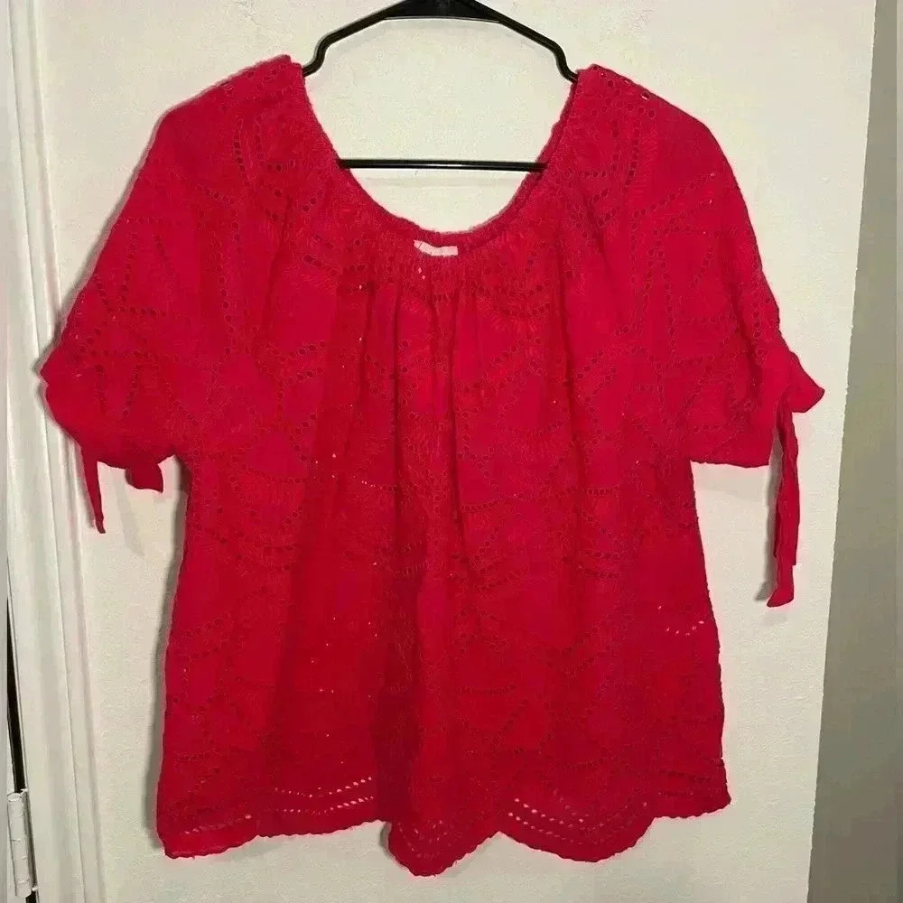 Sundance Eyelet Scoop Neck Short Sleeve Pink Blouse Top Womens Sz Petite Medium